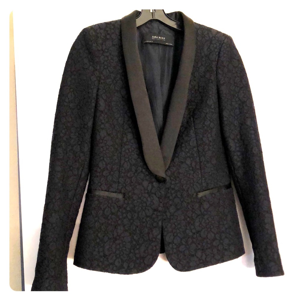 Zara blue and black lace tuxedo blazer.